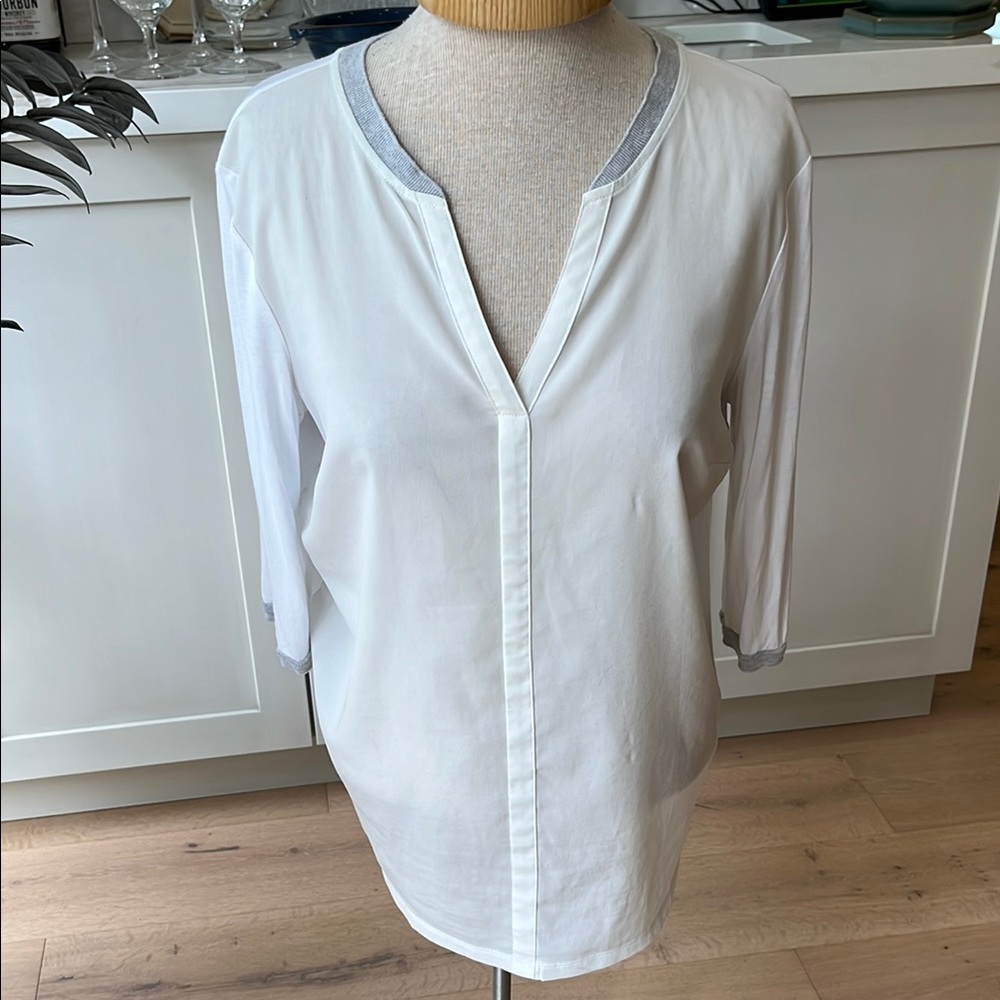 VGUC Oui silk jersey simple 3/4 sleeve top silk front panel jersey back sleeves